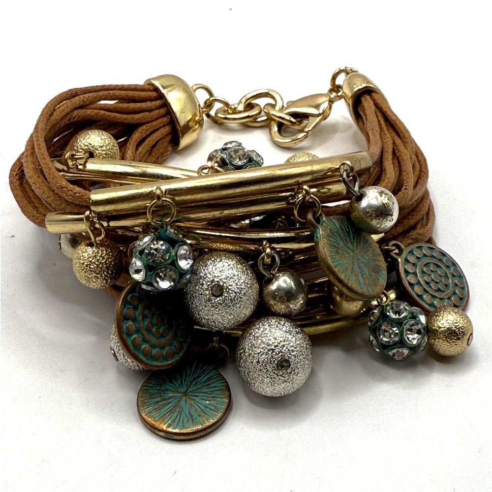 Boho Multi-Strand Brown Cord Charm Bracelet – Gold Tone Bars, Textured Beads‎